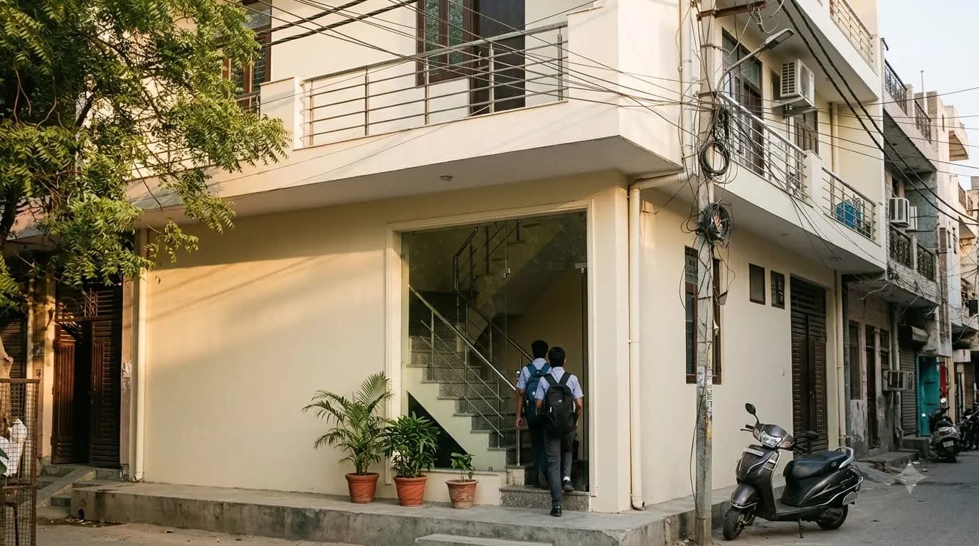 Two students with school bags walk up the stairs behind the glass door of a clean, cream-painted corner building