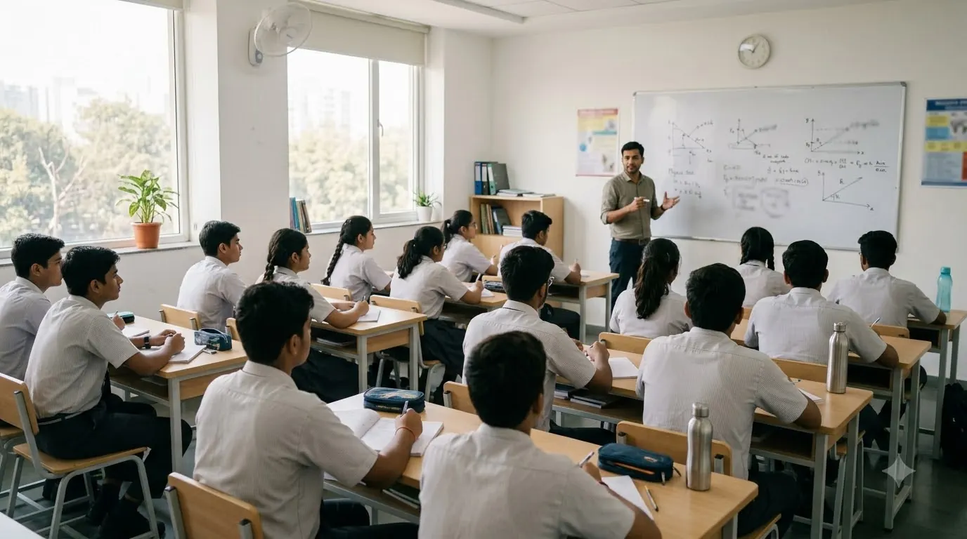 A bright classroom of about twenty students in school uniform at wooden desks, listening to a teacher at a whiteboard of physics graphs