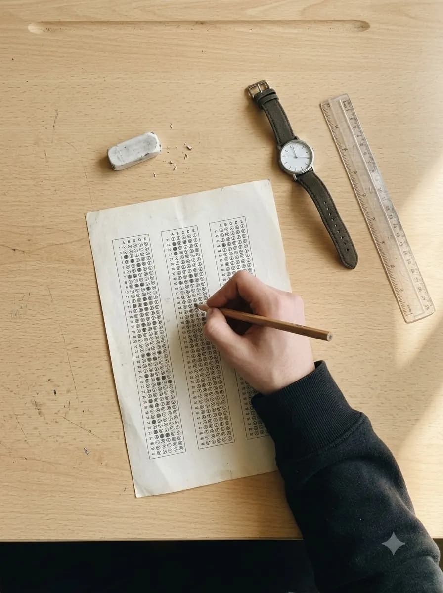 From above: a student fills in an answer-sheet bubble with a pencil, with a wristwatch, eraser and ruler on the desk
